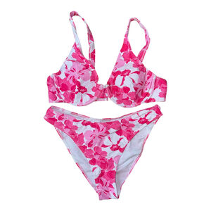 Pink And White Floral Two Piece Swimsuit M